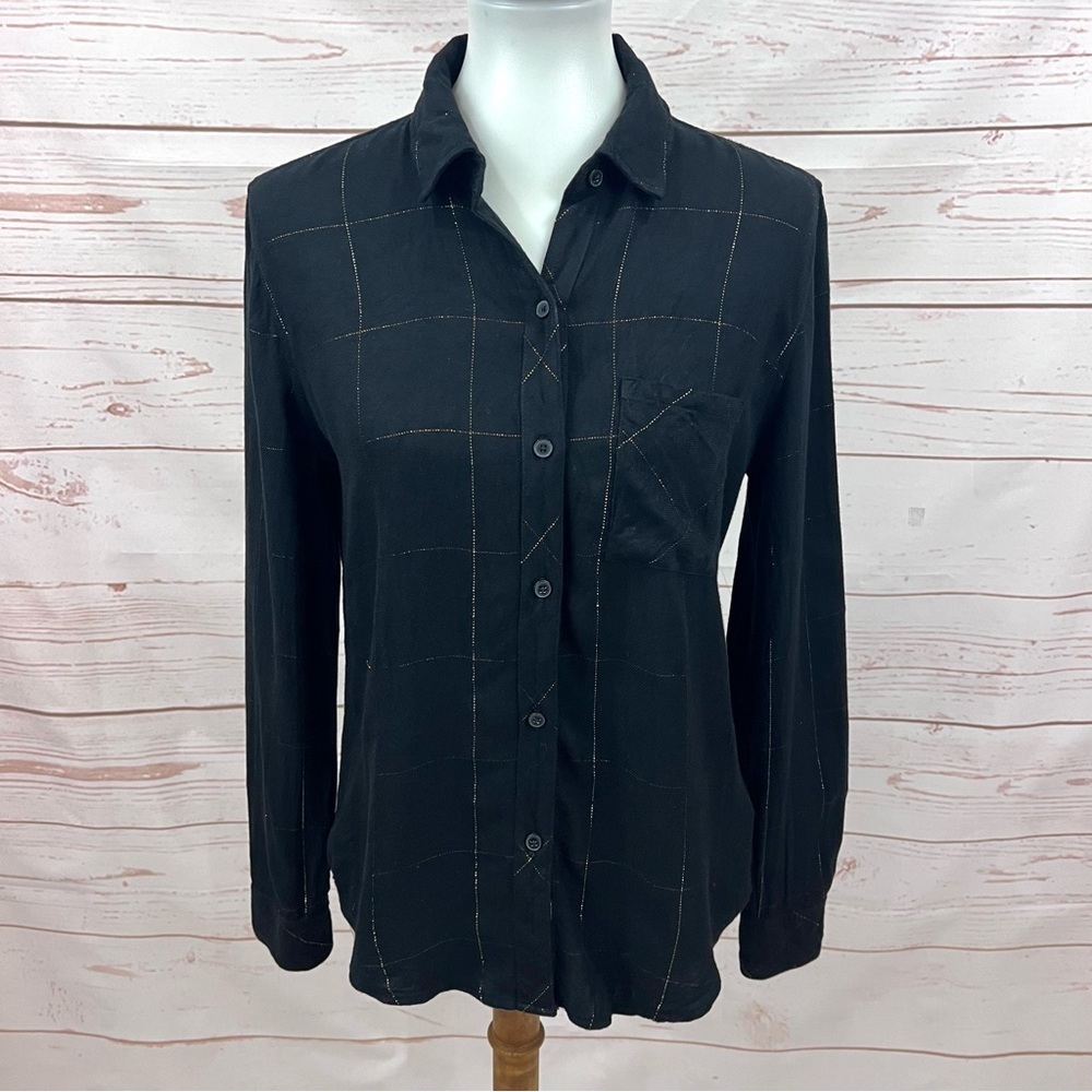 Rails Hunter Flannel Button Up Shirt Ebony Tinsel Black Gold Metallic Plaid